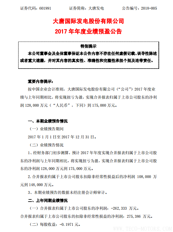 大唐發(fā)電2017年凈利潤(rùn)12.80億至17.50億元 同比增長(zhǎng)149%至167%